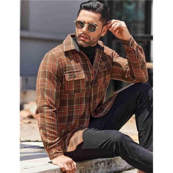 Men's Flannel Brown Shirts Long Sleeve Cotton Plaid Jacket Casual with Pockets - Picture 4 of 6